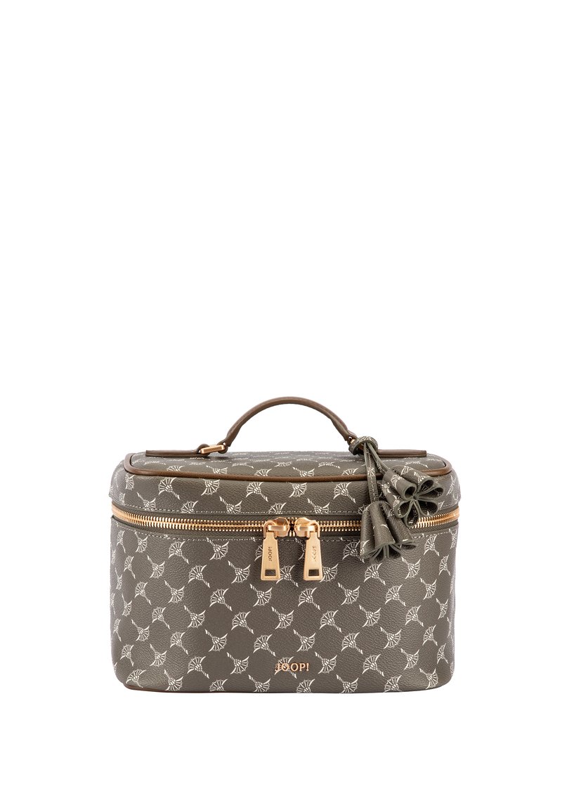 Borsa cosmetica grigia con un motivo ripetuto bianco, hardware della cerniera dorato e manico superiore. Presenta dettagli con nappine e una forma strutturata.