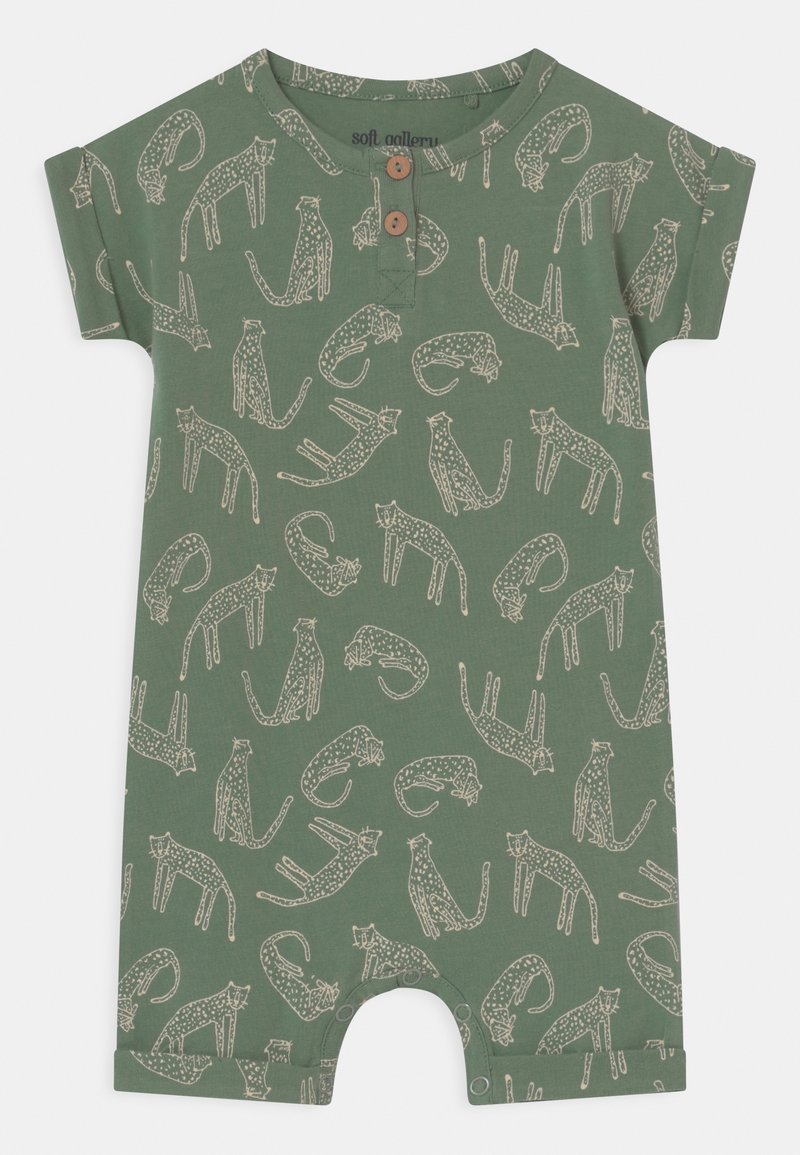Zielony kombinezon z krótkim rękawem z całkowitym wzorem zarysowanych kotów. Wykonany z miękkiego materiału, z zapięciem na guziki oraz napami na dole.