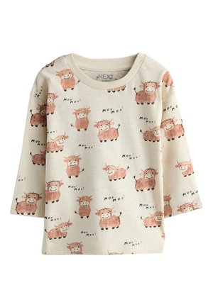 Langärmliges Shirt in Creme mit einem verspielten Kuhdruck in rosa-braun und dem Text "Moo! Moo!" aus weichem Baumwollstoff.