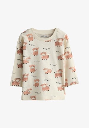 Kreemivärvi pikaealise varrukaga särk, mis on kaunistatud mängulise lehma mustriga roosakas-pruunis värvis ning millel on pehme puuvillane kangas ja tekst "Moo! Moo!".