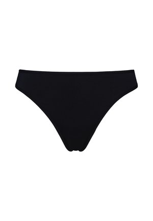 Bas de bikini noir en tissu lisse, avec une coupe basse, un design minimaliste et sans motifs ni embellissements visibles.