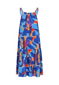 Blaues ärmelloses Kleid mit einem bunten abstrakten Muster in Orange, Lila und Türkis; geraffter elastischer Bund.