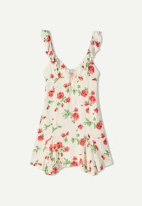 Rochie florală cu un fundal crem, având modele de trandafiri roșii, bretele volanate și un detaliu cu fundă la guler. Design cu fustă evazată.