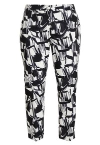Kalhoty s černobílým abstraktním vzorem, mají rovný střih a hladký povrch s zapínáním na knoflík a zip.