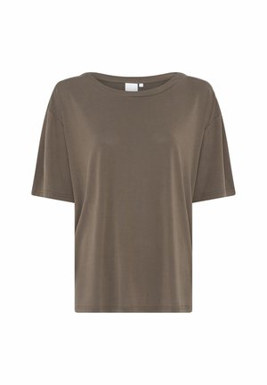 Lühikeste varrukatega lahtine pruuni värvi T-särk ümar kaelusega, ilma mustri või nähtavate logodeta.