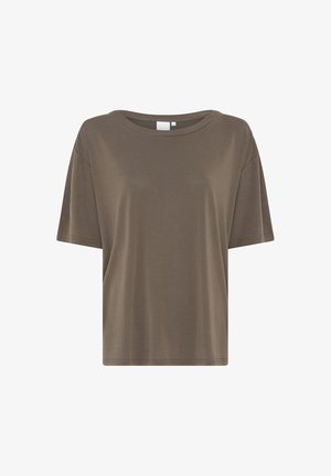 Lühikeste varrukatega lahtine pruuni värvi T-särk ümar kaelusega, ilma mustri või nähtavate logodeta.