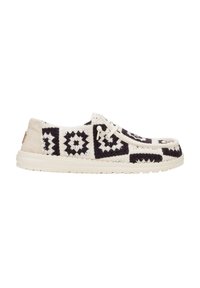 Czarno-biała, wzorzysta sneaker z teksturowaną cholewką, okrągłym noskiem i jasną gumową podeszwą. Sznurowana konstrukcja z minimalnymi akcentami.