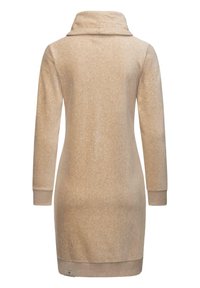 Beige dress with a cowl neck, long sleeves, and hemmed cuffs. Soft texture, patterned fabric, side label detail, knee-length design.