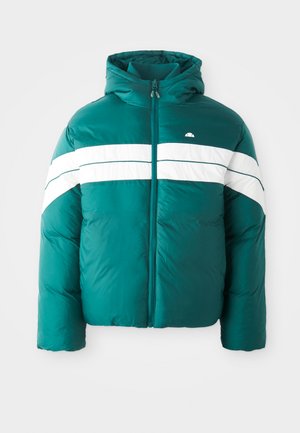Teal puffer jacket with a white horizontal stripe across the chest, a hood, and a full zipper. Smooth texture, warm insulation.