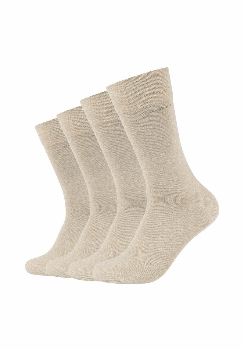Beige pamut zokni négyes csomagban, bordázott textúrával, félmagas kivitel, varrat nélküli lábujj, megerősített sarok, könnyű és légáteresztő kialakítás.