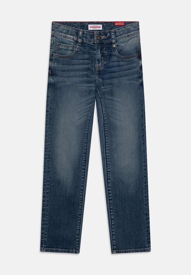 Dark blue denim jeans with a regular fit. Features include five pockets, belt loops, and a slight fade pattern on the fabric.