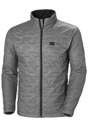 Grijze geïsoleerde jas met een geborduurd ontwerp, hoge kraag, ritssluiting en zijzakken. Heeft een logo patch op de borst.