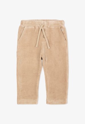 Pantalon bébé beige en velours côtelé avec taille à cordon, détails de boutons et poches latérales sur fond blanc.