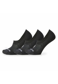 Calzini neri alla caviglia con una texture liscia, rinforzo sul tallone e sulla punta, e un logo sulla suola. Tre paia esposti uno accanto all'altro.