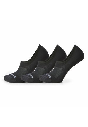 Calzini neri alla caviglia con una texture liscia, rinforzo sul tallone e sulla punta, e un logo sulla suola. Tre paia esposti uno accanto all'altro.