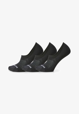 Schwarze Knöchelsocken mit glatter Textur, verstärktem Fersen- und Zehenbereich sowie einem Logo auf der Sohle. Drei Paare nebeneinander präsentiert.