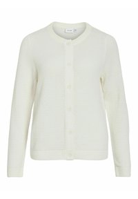 Cárdigan blanco de punto con un patrón texturizado, puños y dobladillo acanalados, y seis botones en el frente. Cuello redondo clásico.