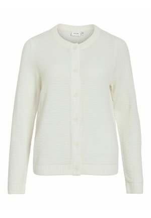Cárdigan blanco de punto con un patrón texturizado, puños y dobladillo acanalados, y seis botones en el frente. Cuello redondo cl�ásico.