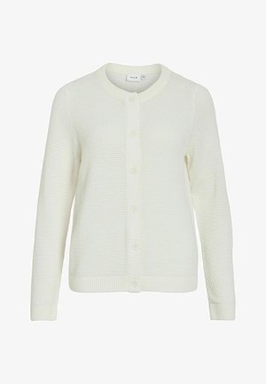 Vitt stickad cardigan med ett strukturerat mönster, ribbade ärmslut och nederkant, samt sex framknappar. Klassisk rund halsringning.