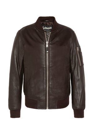 Chaqueta bomber de cuero marrón oscuro con cremallera frontal, cuello, puños y dobladillo acanalados, y bolsillo con cremallera en la manga izquierda.