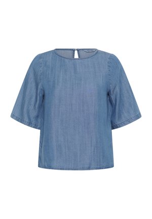 Jasnoniebieska bluzka z denimu z krótkimi rękawami, okrągłym dekoltem i detalu w postaci małego otworu z tyłu. Gładka tekstura i luźny, pudrowy fason.