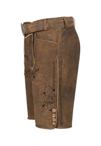 Brune lædershorts med detaljeret sort broderi, knapdetaljer og et bælte. Har lige snit og sidelommer.