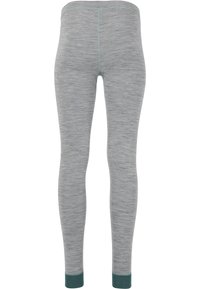 Grå leggings tillverkade av texturerat tyg, med en åtsittande design och kontrasterande turkosa detaljer vid ärmsluten. Enkel konstruktion utan mönster.