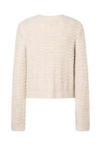 Jasno beżowy sweter z dzianiny o teksturowanym wzorze falistym, z okrągłym dekoltem i długimi rękawami. Posiada ryflowane mankiety i skrócony dół.