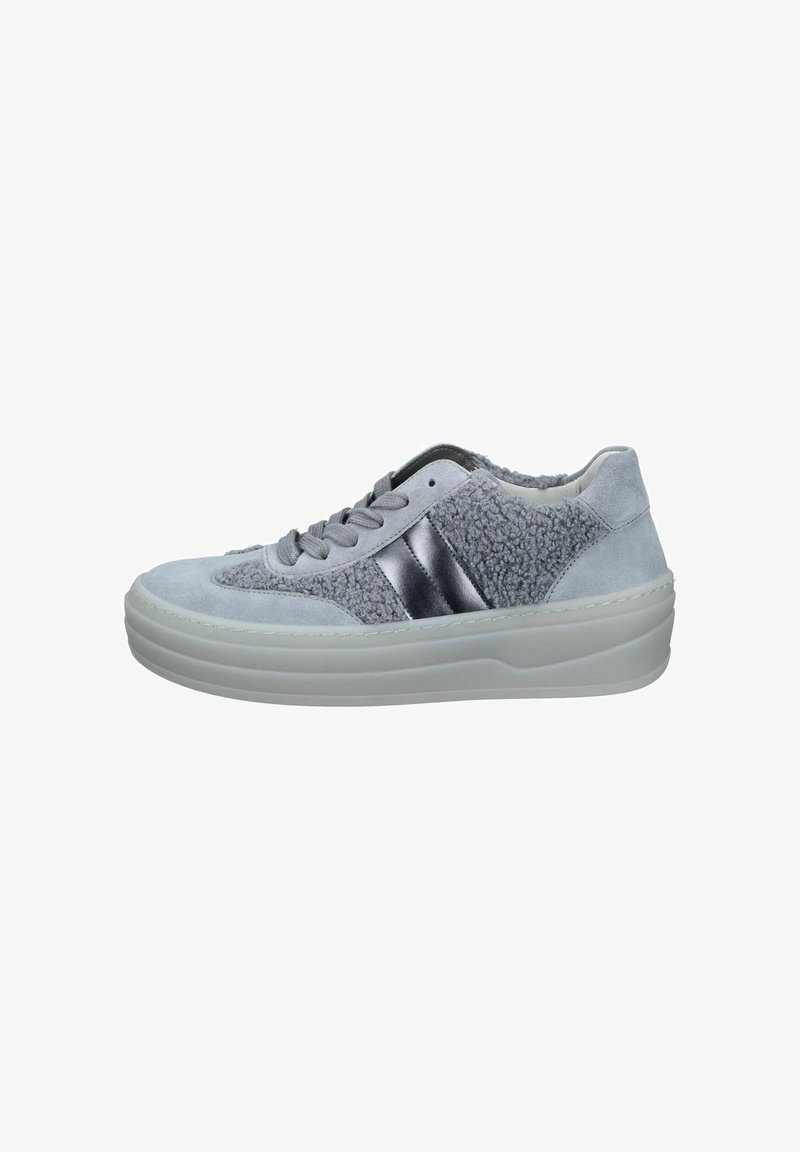 Gray sneakers with suede and textured fabric upper, silver stripe detail, lace-up closure, and a thick white rubber sole.