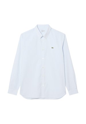 Camicia a maniche lunghe con colletto, chiusura con bottoni e logo ricamato, a righe azzurro chiaro. Presenta linee verticali bianche e azzurro chiaro.