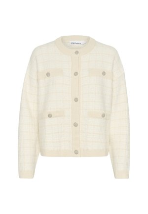 Crème cardigan met een geruit patroon, voorzien van een ronde halslijn, vijf knopen en twee borstzakken. Zachte textuur, ribbelranden.