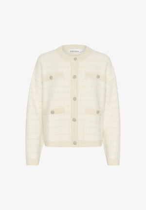 Kremni kardigan s karo vzorcem, ki ima okroglo ovratnico, pet gumbov in dva žepa na prsih. Mehka tekstura, rebrasti robovi.