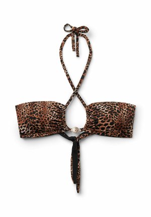 Góra od bikini w panterkę z wiązaniami na szyi i ozdobnym pierścieniem z przodu, z dekoracyjnym czarnym i panterkowym wiązaniem z tyłu.