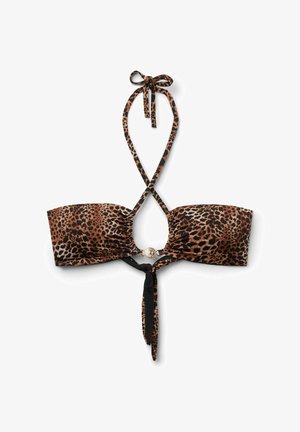 Góra od bikini w panterkę z wiązaniami na szyi i ozdobnym pierścieniem z przodu, z dekoracyjnym czarnym i panterkowym wiązaniem z tyłu.