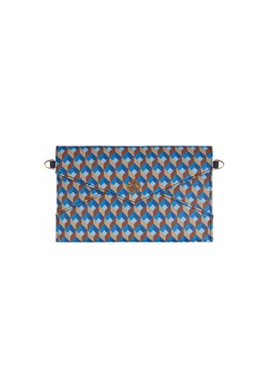Blue and brown geometric patterned envelope clutch with a decorative emblem on the front, featuring two side loops for straps.