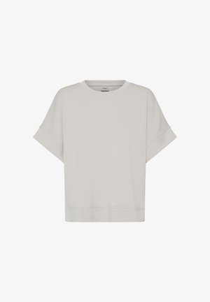 Hellgraues, kurzärmliges Freizeit-T-Shirt mit Rundhalsausschnitt und umgeschlagenen Ärmelsäumen, auf weißem Hintergrund dargestellt.