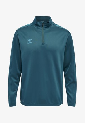 Aqua kvart lynlås sports pullover lavet af glat materiale. Har lange ærmer, en høj krave og et lille logo på brystet.