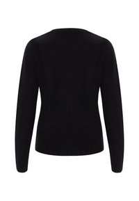 Schwarzer Strickpullover mit langen Ärmeln, rundem Halsausschnitt sowie gerippten Bündchen und Saum. Glatte Textur, minimalistisches Design, keine Verzierungen.