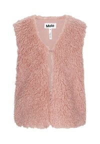 Różowa kamizelka z sztucznego futra o miękkiej, strukturalnej powierzchni. Posiada otwarty przód i brak zapięć. Wewnątrz widoczna metka marki "Molo".
