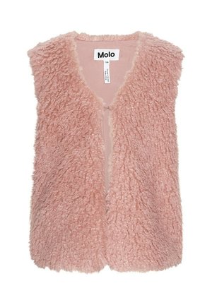 Lyserød falsk pels vest med en blød, struktureret overflade. Har åben front og ingen lukninger. Branded label "Molo" synlig indeni.