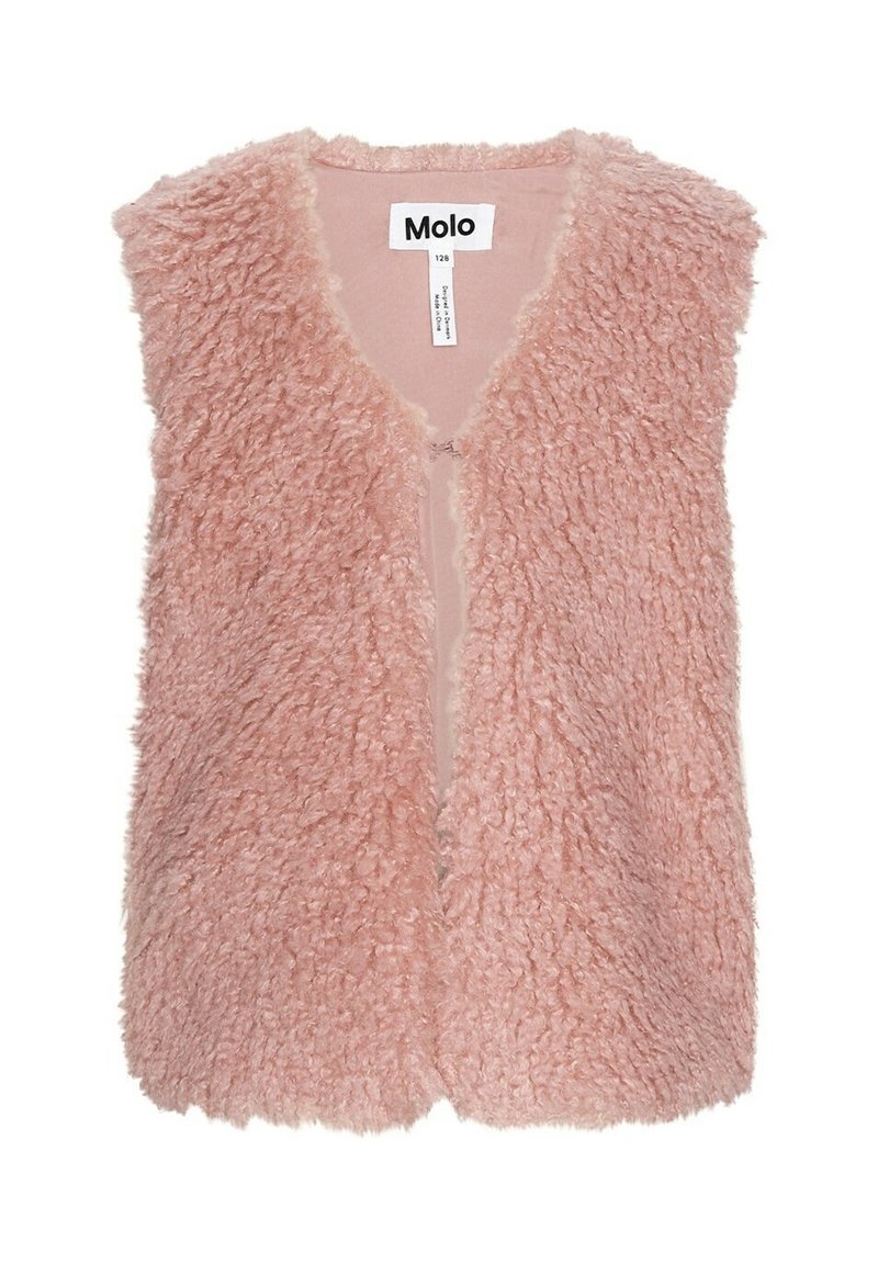 Różowa kamizelka z sztucznego futra o miękkiej, strukturalnej powierzchni. Posiada otwarty przód i brak zapięć. Wewnątrz widoczna metka marki "Molo".
