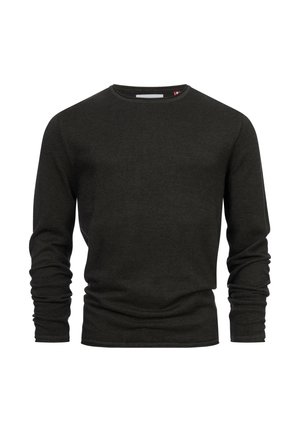 Ciemnozielony sweter z długim rękawem i okrągłym dekoltem. Teksturowany materiał o dopasowanym kroju. Żebrowane mankiety i dół. Prosty, klasyczny design.