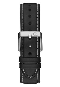 Black leather watch strap with white stitching, silver metal buckle, multiple holes for adjustment, and a textured surface design.