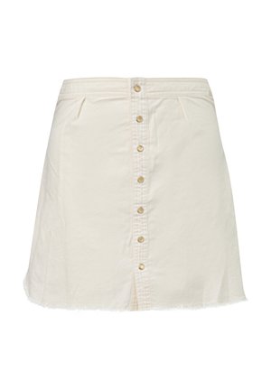 Kremowa spódnica w kształcie litery A z przednimi zatrzaskami i wykończeniem surowym brzegiem, wykonana z lekkiego materiału.