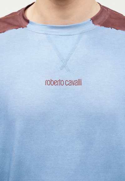 Ανοιχτό μπλε φούτερ με καφέ επιθέματα στους ώμους και το κείμενο «roberto cavalli» στο κέντρο κάτω από το γιακά, φορεμένο από ένα άτομο.