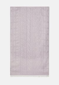 Sciarpa intrecciata lilla con un sottile motivo di lettere e forme geometriche. Rifinita con bordi frangiati, texture morbida e tessuto leggero.