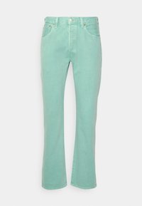 Ljusgröna denimjeans med rak bendesign, fem fickor och knappstängning. Har stickningsdetaljer och en något urblekt textur.