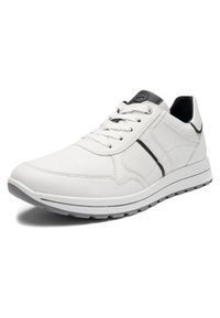 White leather sneaker with black accents, lace-up closure, textured sole, and padded collar for casual wear.