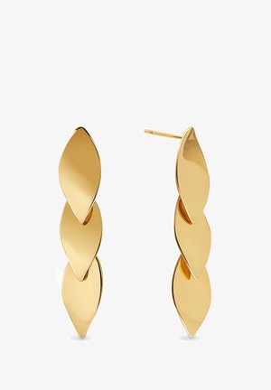 Orecchini a goccia in tonalità dorata con tre elementi a forma di foglia allungata, con una finitura lucida e una sottile vite per indossarli.