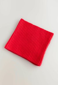 Écharpe en tricot rouge avec texture côtelée. Matériau en laine doux, forme rectangulaire et bords soignés. Convient pour un port par temps froid.